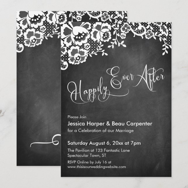 Happily Ever After Calligraphy Chalkboard & Lace Invitation (Front/Back)