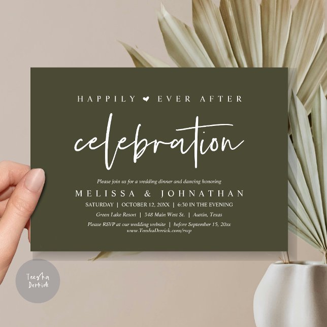 Happily Ever After Celebration, Wedding Dinner Invitation (Happily Ever After Celebration, Wedding Dinner Invitation Card, PDF, Modern Script, in Olive Green)
