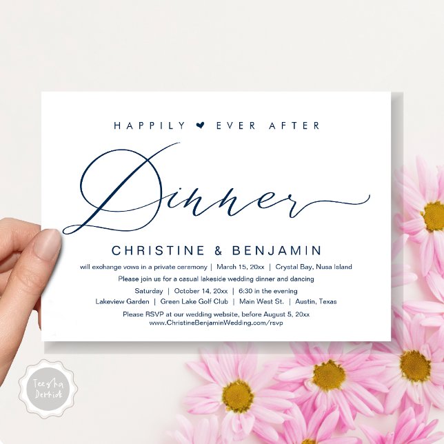 Happily Ever After Dinner Elopement, Modern Script Invitation (Happily Ever After Dinner Invitation Card, PDF, Modern Romantic Script, in Navy Blue)