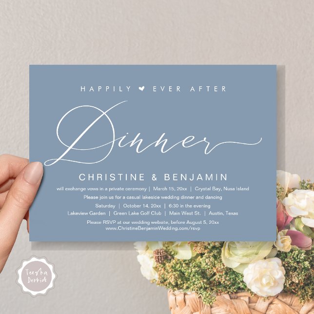 Happily Ever After Dinner Elopement, Modern Script Invitation (Happily Ever After Dinner Invitation Card, PDF, Modern Romantic Script, in Dusty Blue)