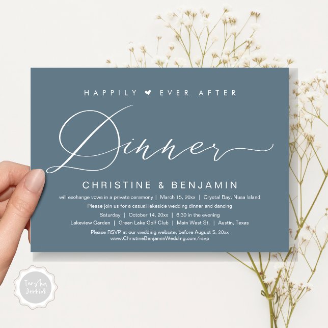 Happily Ever After Dinner Elopement, Modern Script Invitation (Happily Ever After Dinner Invitation Card, PDF, Modern Romantic Script, in Dark Dusty Blue)