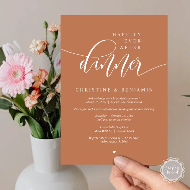 Happily Ever After Dinner, Elopement Modern Script Invitation (Happily Ever After Dinner, Modern Wedding Elopement Party Invitation Card, PDF, Copper Rust Brown)