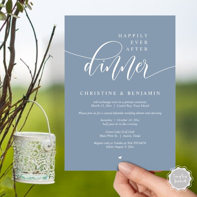 Happily Ever After Dinner, Elopement Modern Script Invitation (Happily Ever After Dinner, Modern Wedding Elopement Party Invitation Card, PDF, Dusty Blue)