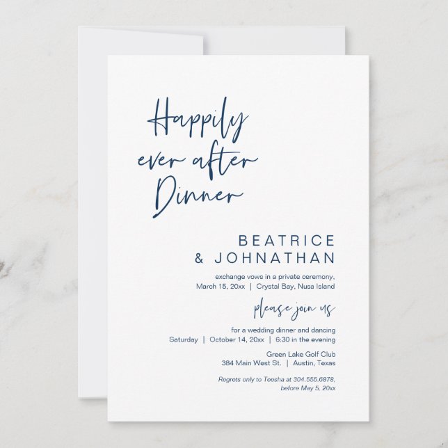 Happily Ever After Dinner, Elopement, Navy Blue Invitation (Front)