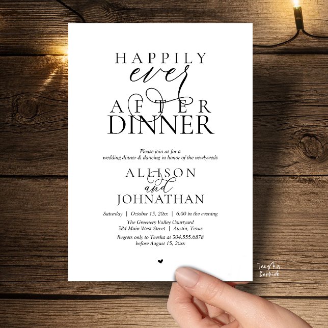 Happily Ever After Dinner Modern Script Wedding Invitation (Happily Ever After Dinner Modern Script Wedding Invitation Card in Black and White)