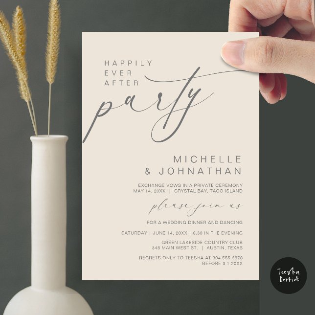 Happily Ever After Dinner Party, Wedding Elopement Invitation (Happily Ever After Party, Wedding Elopement Dinner Brunch Invitation Card, PDF, Cream Grey)