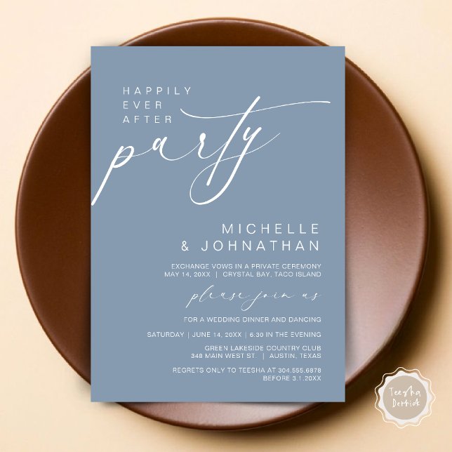 Happily Ever After Dinner Party, Wedding Elopement Invitation (Happily Ever After Party, Wedding Elopement Dinner Brunch Invitation Card, PDF, Dusty Blue)
