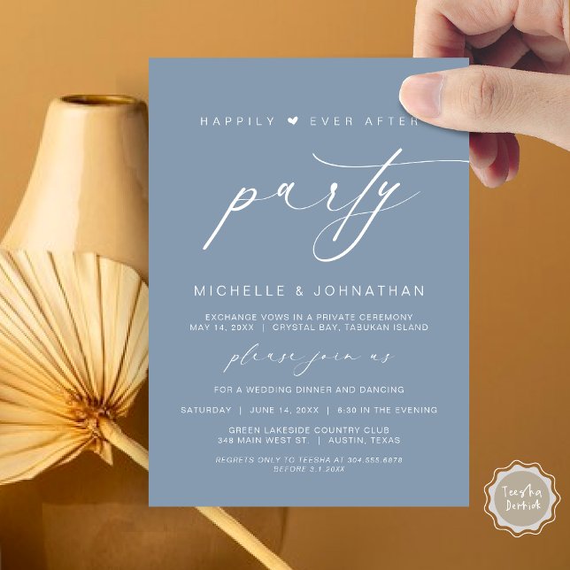 Happily Ever After Dinner Party, Wedding Elopement Invitation (Happily Ever After Party, Wedding Elopement Dinner Brunch Invitation Card, PDF, Dusty Blue)
