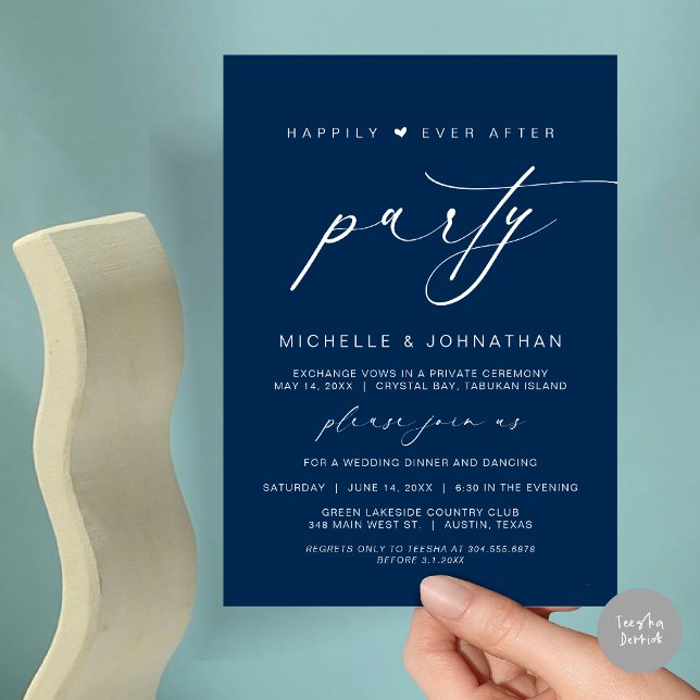Happily Ever After Dinner Party, Wedding Elopement Invitation (Happily Ever After Party, Wedding Elopement Dinner Brunch Invitation Card, PDF, Navy Blue)