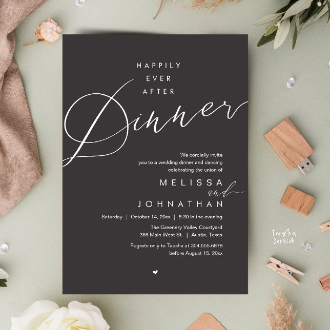 Happily Ever After Dinner Romantic Wedding Party Invitation (Happily Ever After Dinner Romantic Wedding Reception Party Invitation card in charcoal grey)