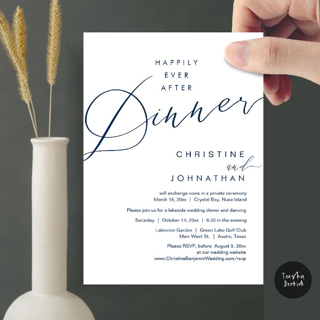 Happily Ever After Dinner Wedding Elopement Script Invitation (Happily Ever After Dinner Wedding Elopement Script Invitation Card, PDF, Modern Romantic, Navy Blue)