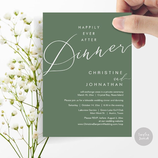 Happily Ever After Dinner Wedding Elopement Script Invitation (Happily Ever After Dinner Wedding Elopement Script Invitation Card, PDF, Modern Romantic, Sage Green)