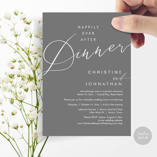 Happily Ever After Dinner Wedding Elopement Script Invitation (Happily Ever After Dinner Wedding Elopement Script Invitation Card, PDF, Modern Romantic, Dark Grey)