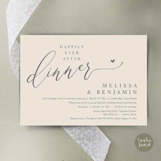 Happily Ever After Dinner Wedding Heart Invitation (Happily Ever After Dinner Invitation Card, PDF, Romantic Wedding Elopement, Lovely Heart, Cream Grey)