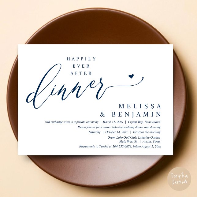 Happily Ever After Dinner Wedding Heart Invitation (Happily Ever After Dinner Invitation Card, PDF, Romantic Wedding Elopement, Lovely Heart, Navy Blue)