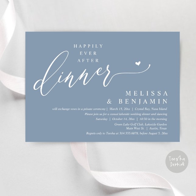 Happily Ever After Dinner Wedding Heart Invitation (Happily Ever After Dinner Invitation Card, PDF, Romantic Wedding Elopement, Lovely Heart, Dusty Blue)