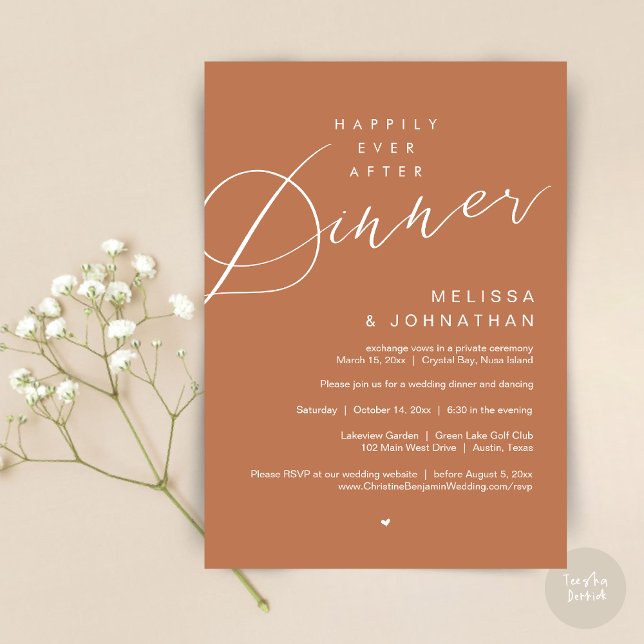 Happily Ever After Dinner, Wedding Party, Copper Invitation (Happily Ever After Dinner Invitation Card, PDF, Modern Romantic Wedding Elopement , in Copper Rust)