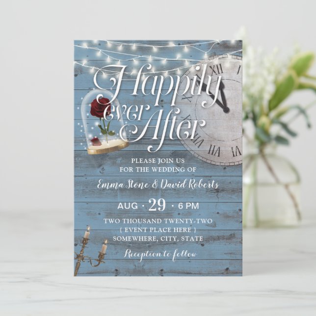 Happily Ever After Dusty Blue Fairytale Wedding Invitation (Standing Front)