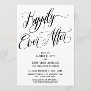 Happily Ever After Elaborate Script Black White Invitation