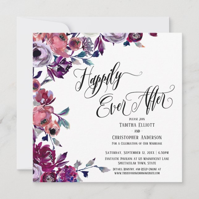 Happily Ever After Elaborate Script Bold Flowers Invitation (Front)
