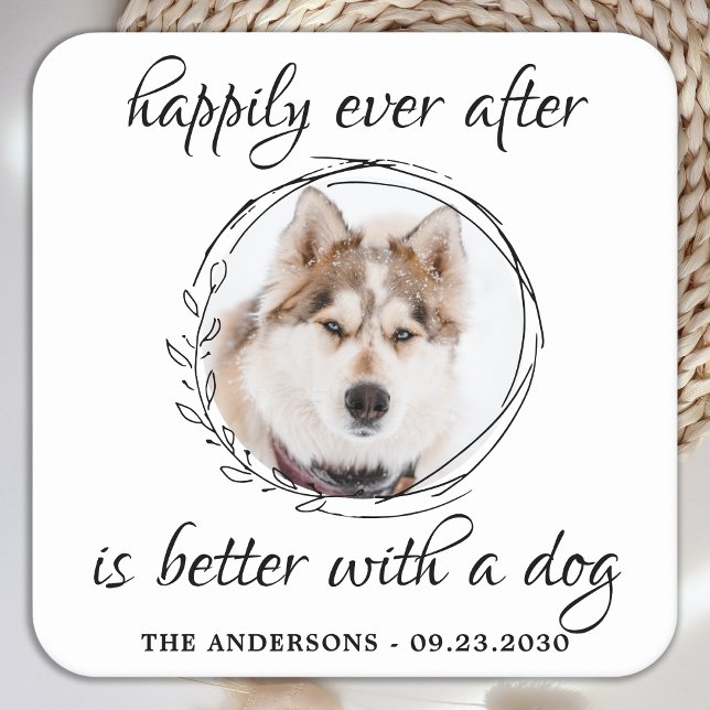 Happily Ever After Elegant Pet Photo Dog Wedding Square Paper Coaster (Creator Uploaded)