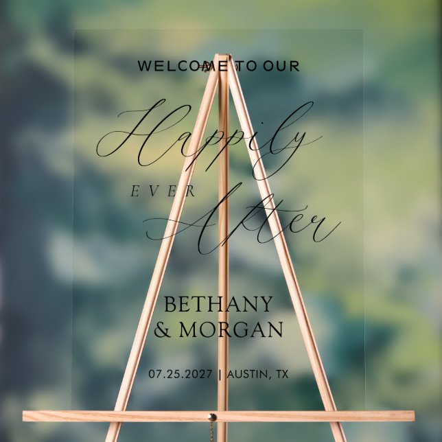 Happily Ever After Elegant Script Wedding Acrylic Sign (Neutral)