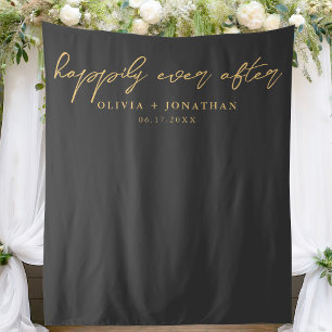 Happily Ever After Elegant Script Wedding Backdrop Tapestry