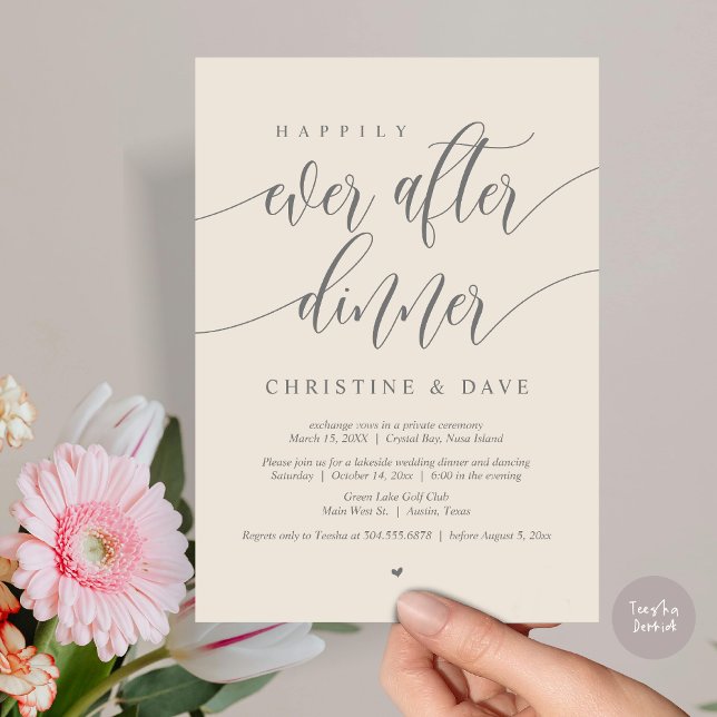 Happily Ever After Elopement Dinner, Cream Grey Invitation (Happily Ever After Dinner Invitation Card, PDF, Modern Calligraphy Script, in Cream Dark Grey)