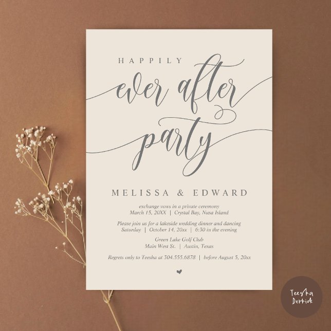 Happily Ever After Elopement Party, Cream Grey Invitation (Happily Ever After Elopement Party Invitation Card, PDF, Modern Wedding Dinner, in Cream Grey  )