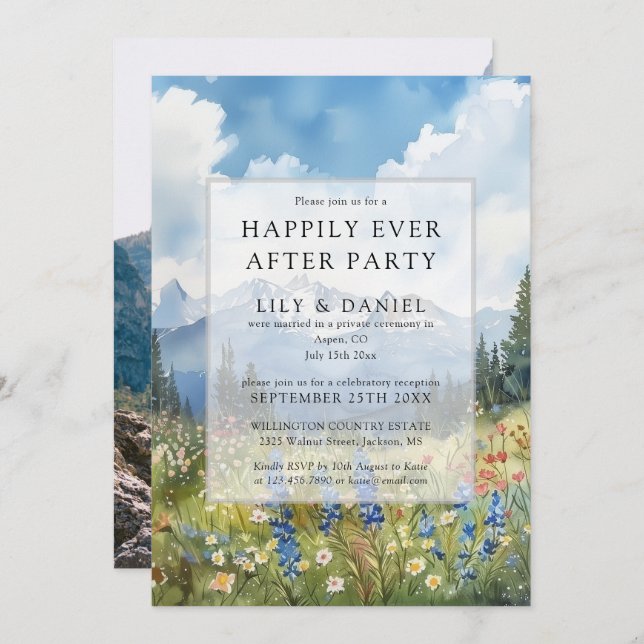 Happily Ever After Floral Mountain Wedding Photo Invitation (Front/Back)