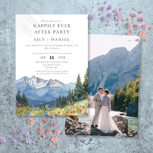 Happily Ever After Floral Mountain Wedding Photo Invitation