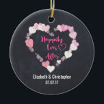 Happily Ever After Glittery Pink Hearts Wedding Ceramic Tree Decoration<br><div class="desc">A wedding ornament with a romantic illustration of a bunch of little pink hearts with gold glitter forming a heart-shaped frame. Inside it says "Happily Ever After" in a trendy handwritten style font. Set on a black chalkboard background. Personalise with the bride and groom's names and wedding date.</div>