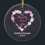 Happily Ever After Glittery Pink Hearts Wedding Ceramic Tree Decoration<br><div class="desc">A wedding ornament with a romantic illustration of a bunch of little pink hearts with gold glitter forming a heart-shaped frame. Inside it says "Happily Ever After" in a trendy handwritten style font. Set on a black chalkboard background. Personalise with the bride and groom's names and wedding date.</div>
