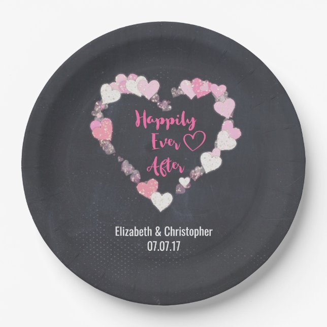Happily Ever After Glittery Pink Hearts Wedding Paper Plate (Front)