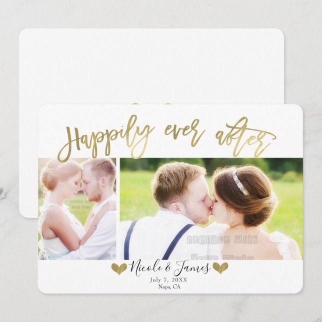 Happily Ever After Gold 2 Photo Wedding Engagement Invitation (Front/Back)