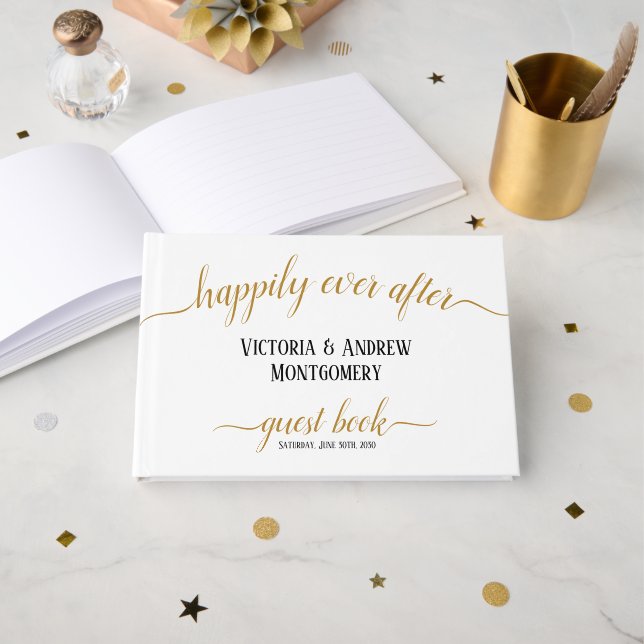 Happily Ever After Gold Script Photo Wedding Guest Book (Front Open)