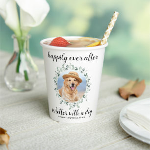 Happily Ever After Greenery Pet Photo Dog Wedding Paper Cups