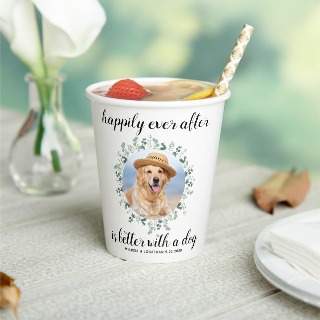 Happily Ever After Greenery Pet Photo Dog Wedding Paper Cups (Insitu)