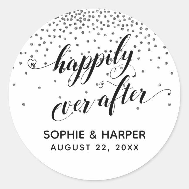 Happily Ever After Hearts and Silver Confetti Classic Round Sticker (Front)