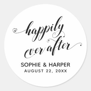 Happily Ever After Hearts Script Black & White Classic Round Sticker