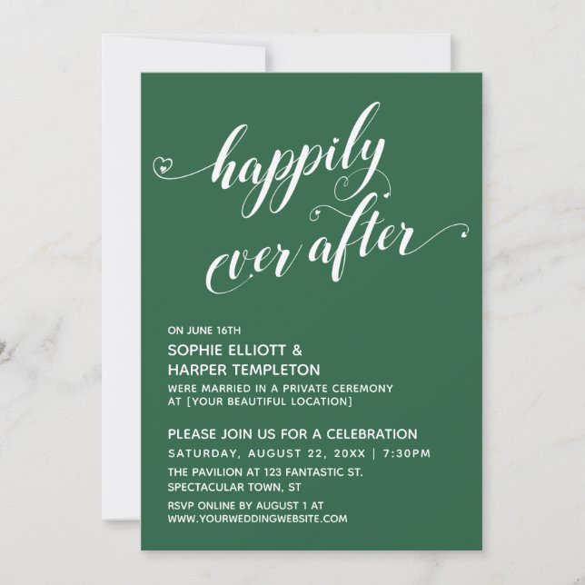 Happily Ever After Hearts Script Green Reception Invitation (Front)
