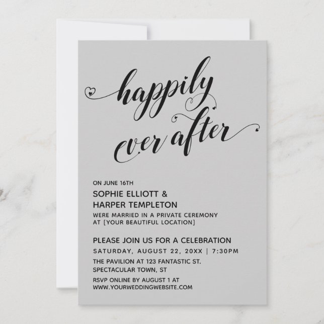 Happily Ever After Hearts Script Grey Reception Invitation (Front)