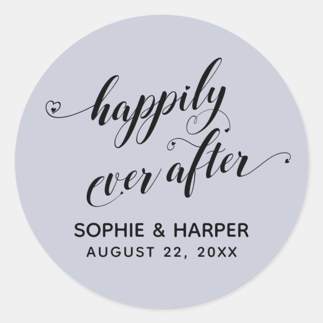 Happily Ever After Hearts Script Light Dusty Blue Classic Round Sticker (Front)
