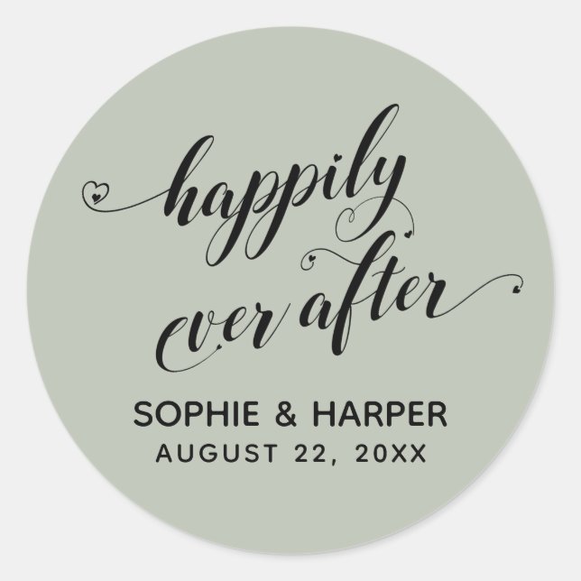 Happily Ever After Hearts Script Light Sage Green Classic Round Sticker (Front)