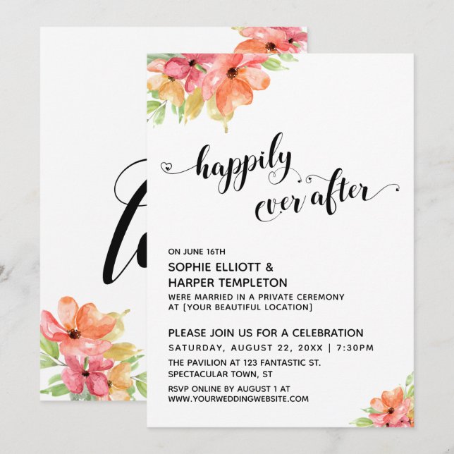 Happily Ever After Hearts Script Watercolor Floral Invitation (Front/Back)