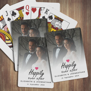 Happily Ever After Hot Pink Heart Couple Photo Playing Cards