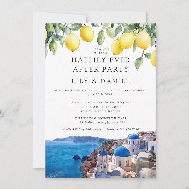 Happily Ever After Lemons Santorini Greece Wedding Invitation (Front)