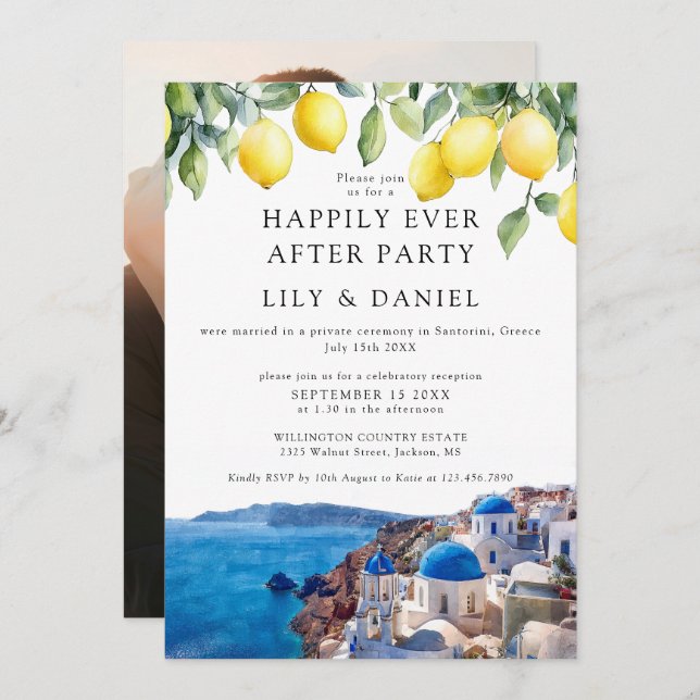 Happily Ever After Lemons Santorini Photo Wedding Invitation (Front/Back)