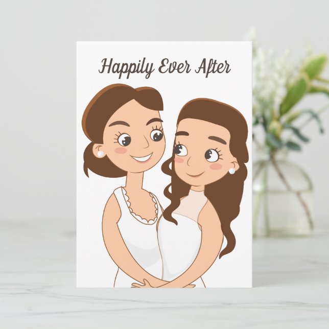 Happily Ever After Lesbian Cute Wedding Couple Card (Standing Front)