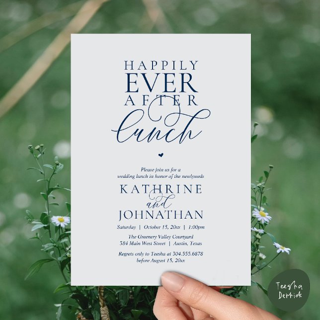 Happily Ever After Lunch Classy Wedding Elopement Invitation (Happily Ever After Lunch Classy Wedding Elopement Invitation card in navy blue chill grey)